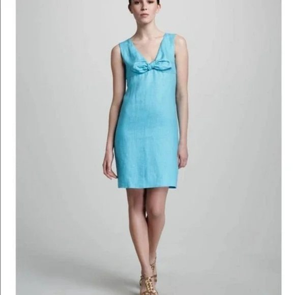 Kate Spade Viola Turquoise Linen Bow Shift Dress. SZ 2 - Picture 3 of 11
